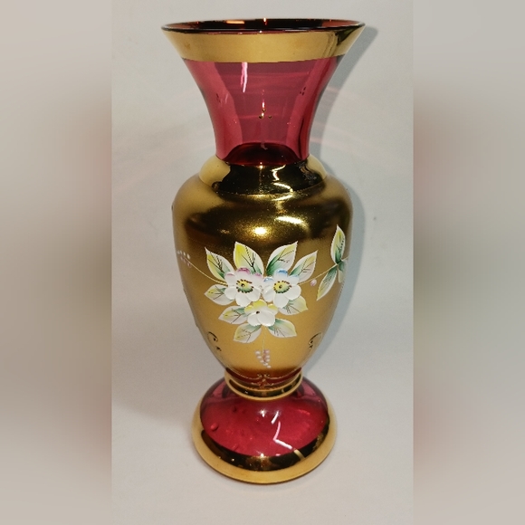 20" Glass Bohemian Style Hand Painted Vase Gold Enamelled Flowers - Picture 1 of 6